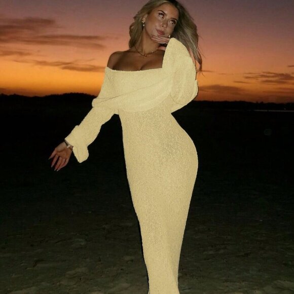 Light Yellow Elegant Women's Sexy Beach Vacation Off shoulder maxi Dress - Picture 9 of 10